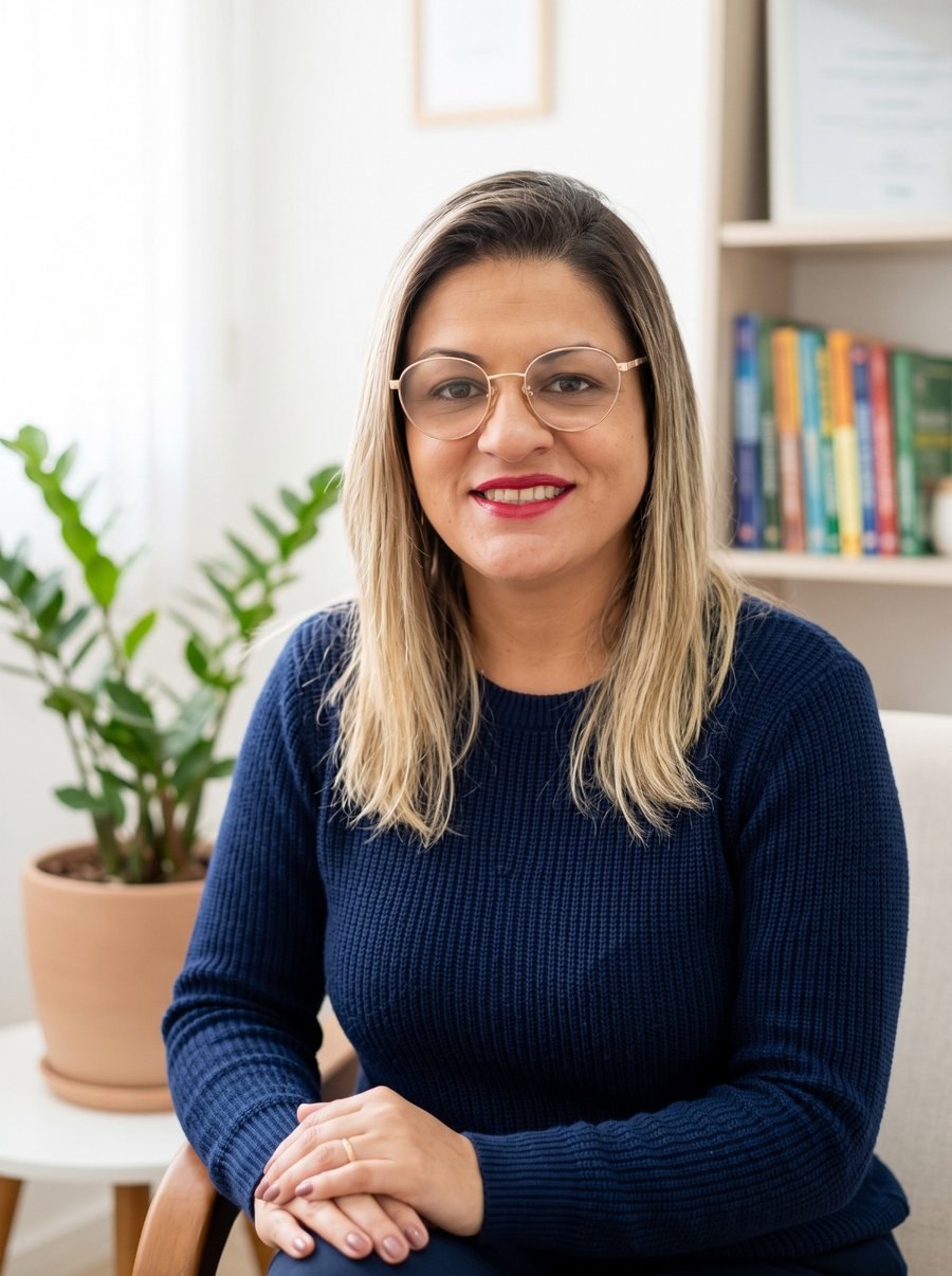 Regiane Amaral, psicóloga, sorrindo em seu consultório